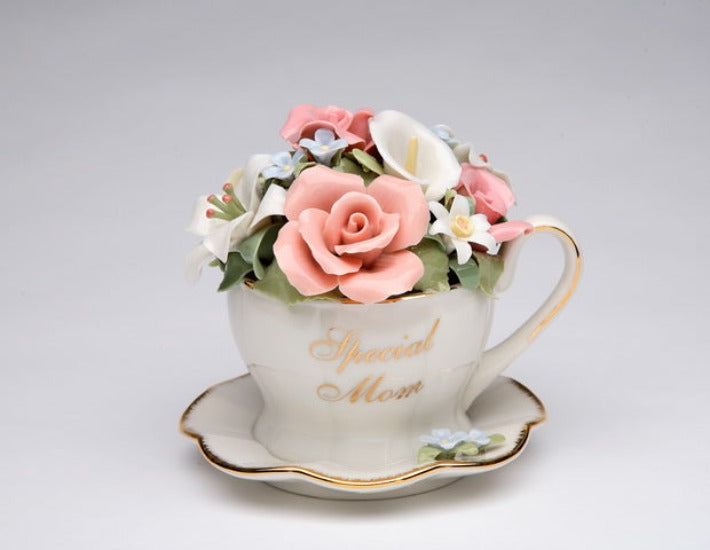 Handcrafted Ceramic Flower Bouquet in Cup Music Box, Home Décor, Gift for Her, Gift for Mom, Mother's Day Gift