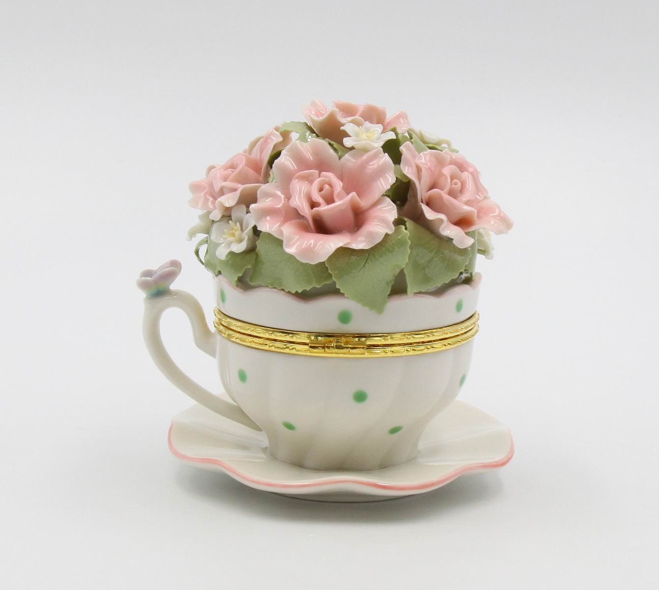 Cup and Saucer Shaped Hinge Box with Pink Flowers Music Box, Home Décor, Gift for Her, Gift for Mom, Mother's Day Gift