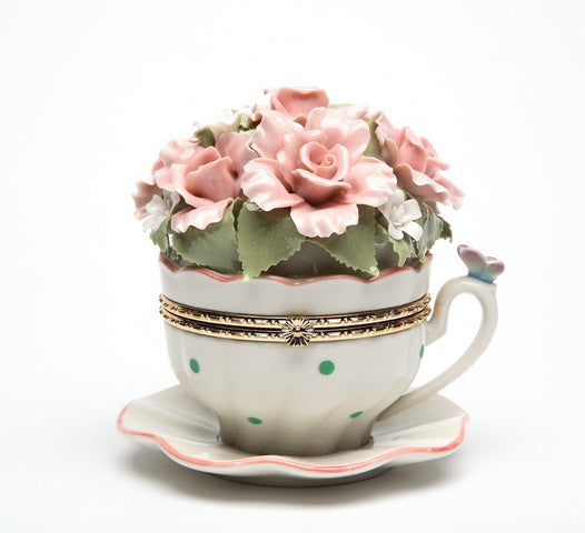 Cup and Saucer Shaped Hinge Box with Pink Flowers Music Box, Home Décor, Gift for Her, Gift for Mom, Mother's Day Gift