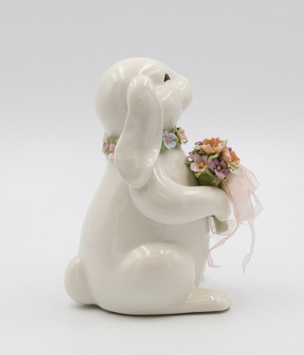 Springtime Bunnies: Easter Bunny Rabbit Holding a Flower Bouquet Music Box Playing "What A Wonderful World", Spring decor