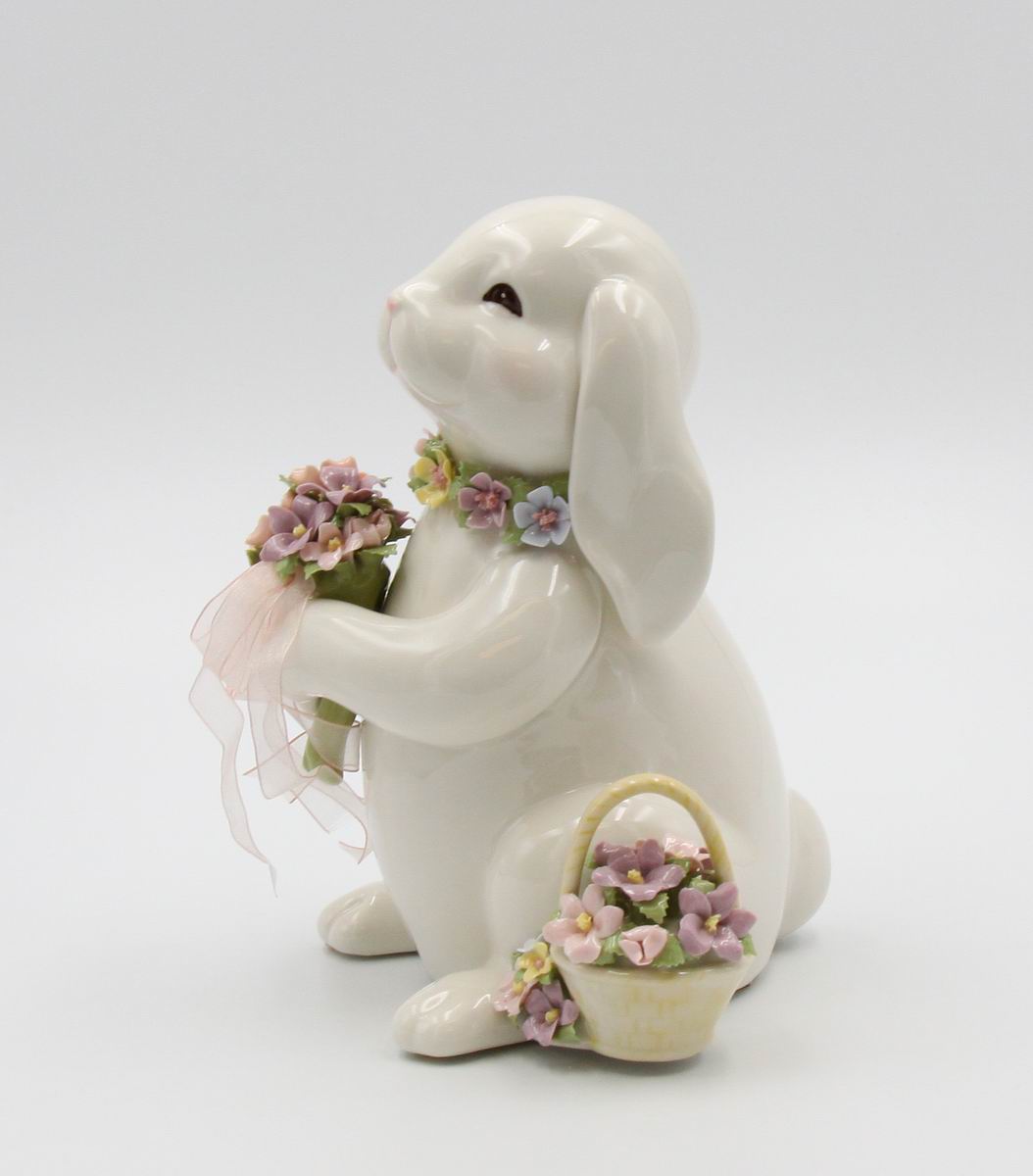 Springtime Bunnies: Easter Bunny Rabbit Holding a Flower Bouquet Music Box Playing "What A Wonderful World", Spring decor